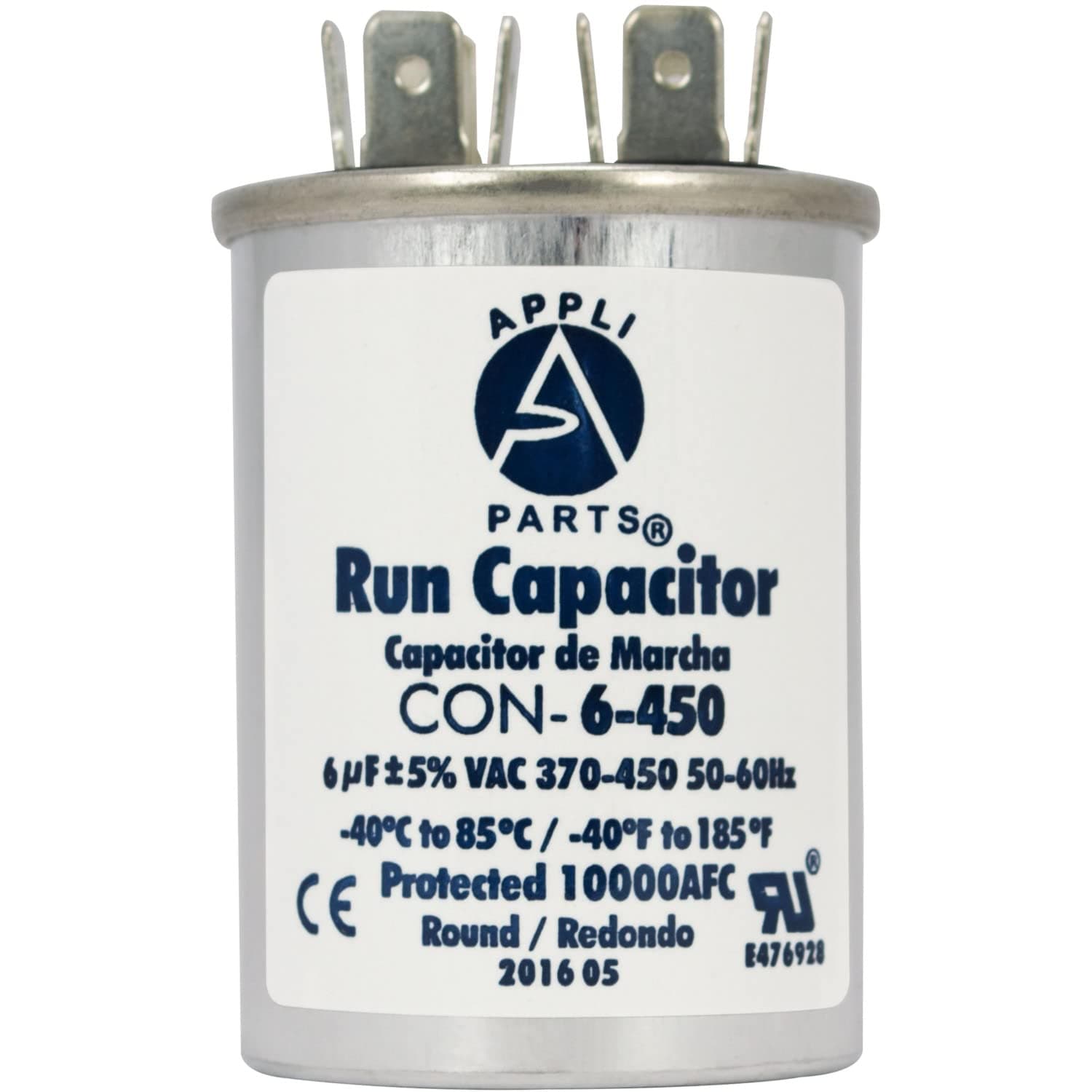 Appli Parts Condensador Capacitor de Marcha 6 Mfd uF (microfaradios) 370VAC o 450VAC CBB65 Universal Aire acondicionado y otras aplicaciones Redondo UL E476928 6.4cm Alto 3.7cm Ancho