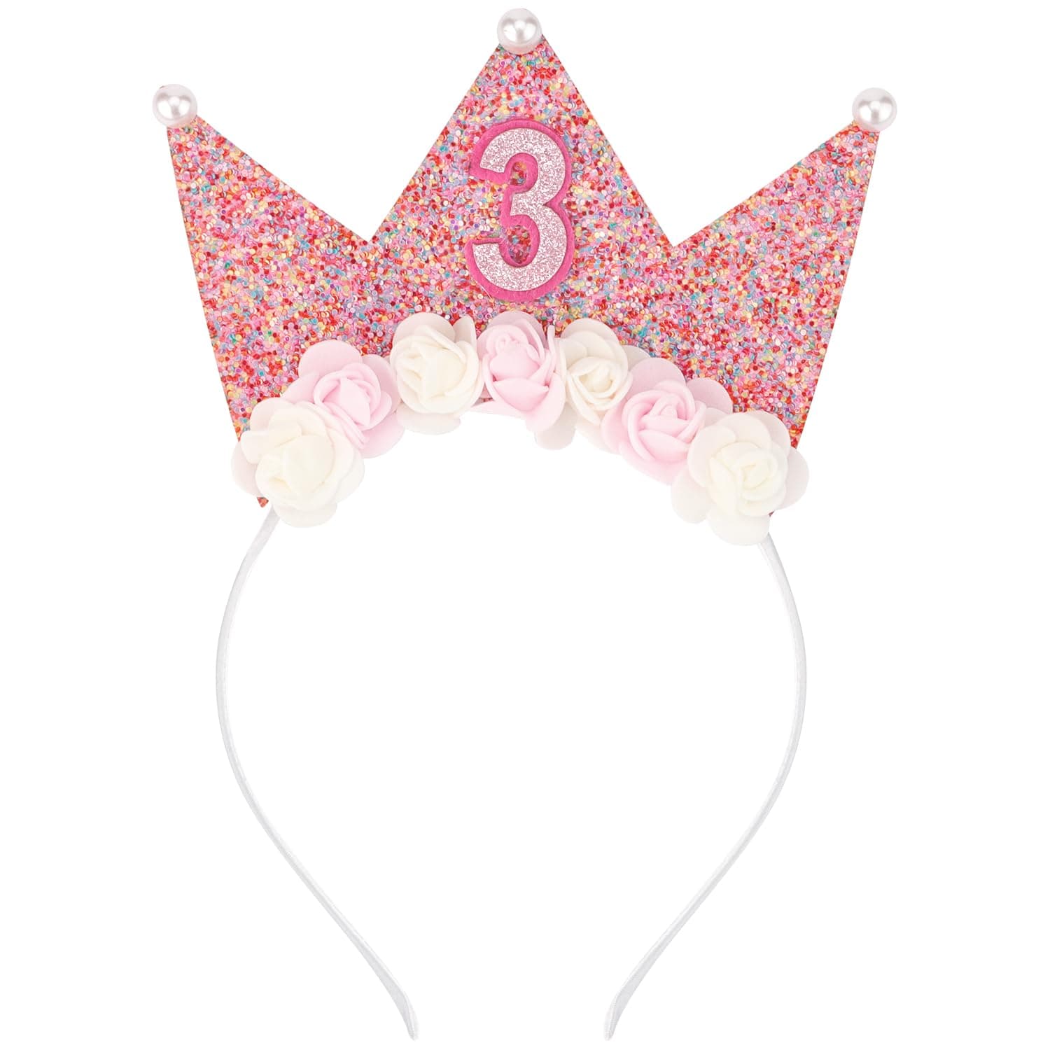 SuPoo Birthday Decorations for 3 Year Old Girl - Headband, Crown, Glitter Hair Band, Flower Princess Tiara Hair Accessory