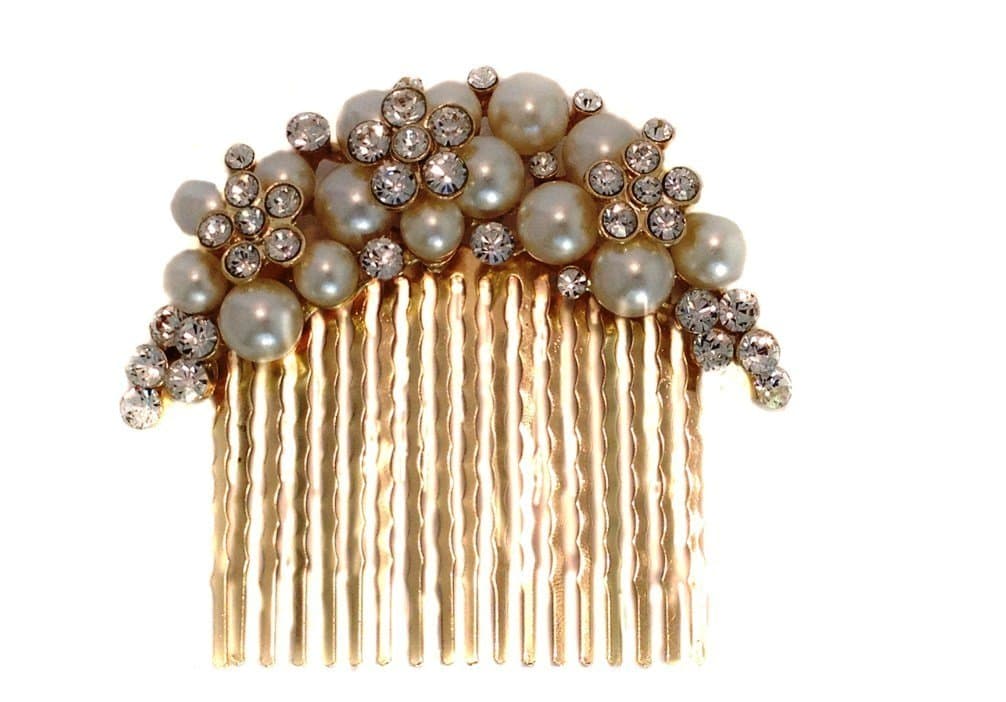 Bridal Wedding Pearl and Austrian Crystal Hair Comb Gold Tone AMORE PROMISE