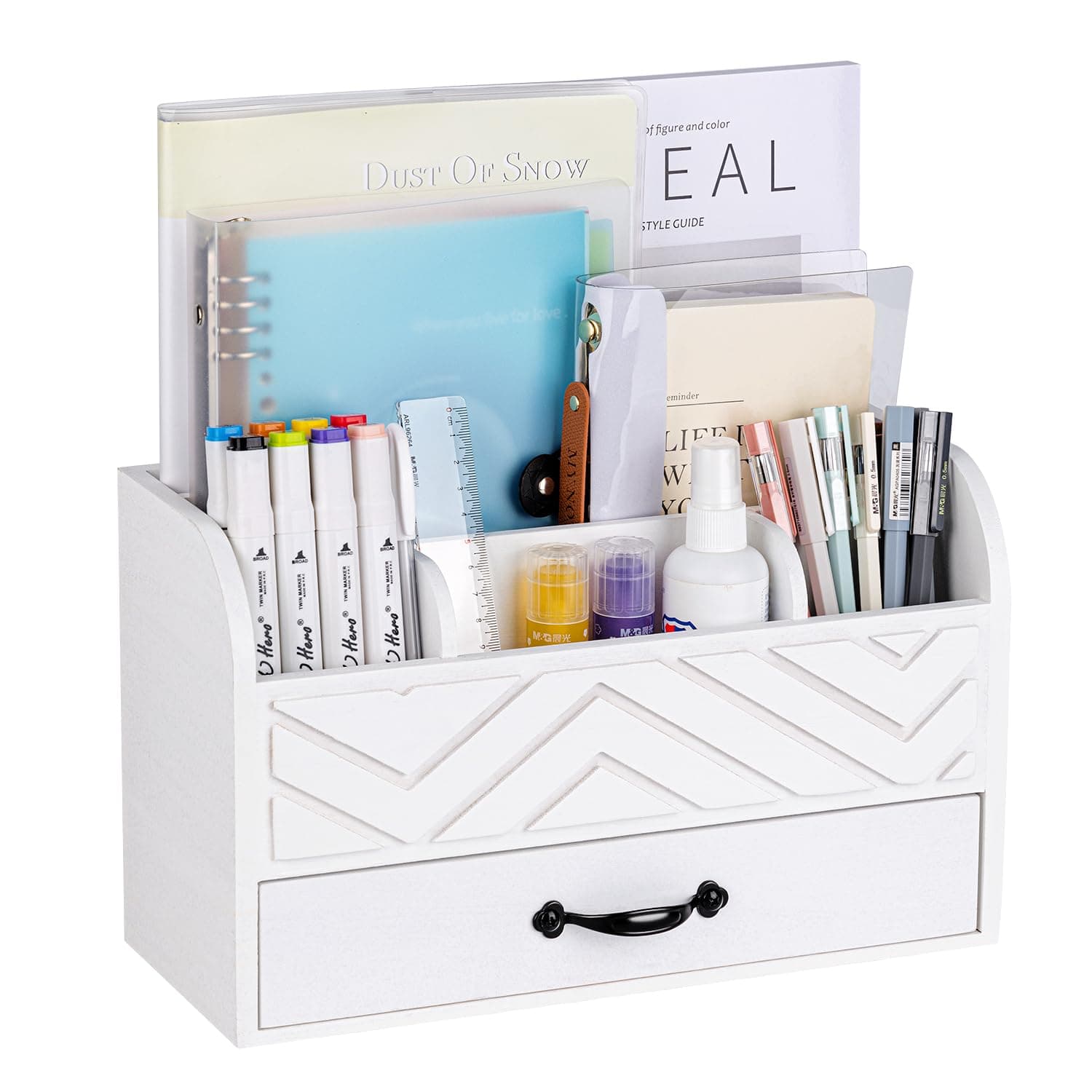White Wooden Desk Organizer with Drawers - Stylish Desktop Organization Mail Organizer Countertop - Perfect Folder Organizer for Desk & Storage Solution for Home & Office - No Assembly Required
