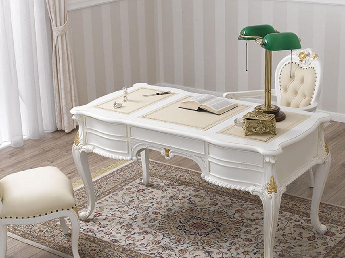 Simone Guarracino Luxury Design Desk Diana Chippendale Decape Baroque Style Presidential Ministerial Office Desk 130 Cm Ivory and Gold Leaf Champagne Faux Leather