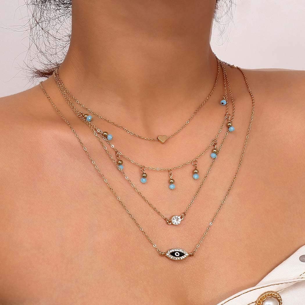 CanB Layered Choker Necklace Heart Choker Crystal Pendant Drop Chain Necklace Evil Eye Jewelry Tassek Necklace for Women and Girls