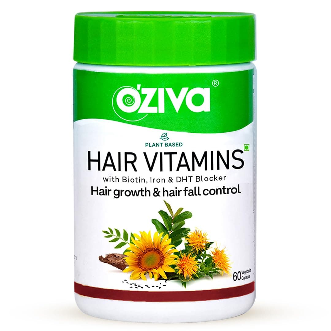OZiva Hair Vitamin Capsules for Hair Growth & Hair Fall Control,100% Natural with Biotin, Iron, DHT Blocker & Vitamin E,Clinically Proven Hair Growth Supplements for Women & Men,60 capsules