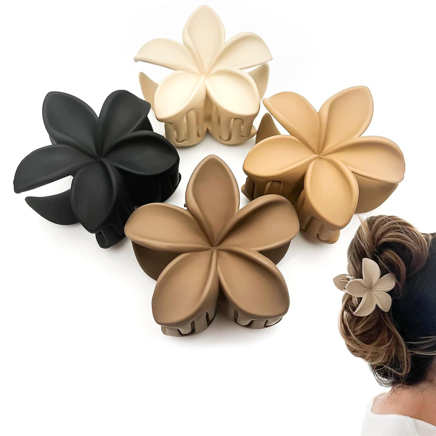 X springFlower Claw Clip, 4PCS Non Slip Matte Hair Clips, Plumeria Hair Clip, Thick Hair Thin Hair Accessories, Neutral Flower Claw Clips for Thick Hair, Cute Claw Clips Variety Pack for Women