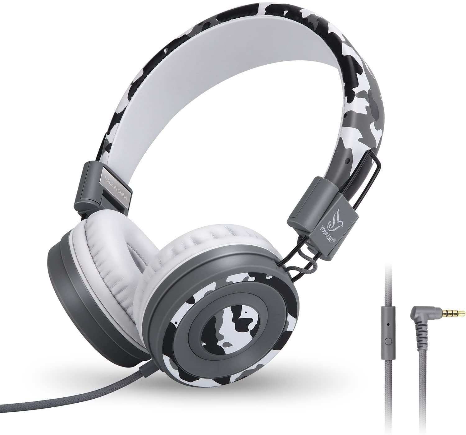 C89 Kids Headphones, Wired Headphone with Microphone, On Ear Headphone with Adjustable, Foldable Headphones for School Travel Children Girls Boys Adults (Camo Grey)