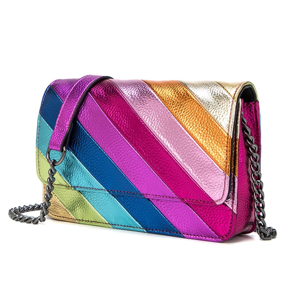 Rainbow Stripe Crossbody Shoulder Bag for Women Color Blocking PU Leather Colourful Purse with Chain Strap