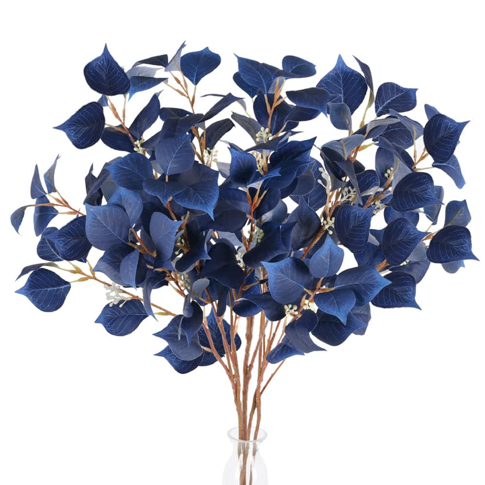 AILANDA 4PCS 31.5" Artificial Eucalyptus Stems Blue Long Eucalyptus Leaf Spray Fake Greenery Stems Branches Seeds Silver Dollar Eucalyptus Plants for Vase Home Wedding Floral Arrangement Table Decor