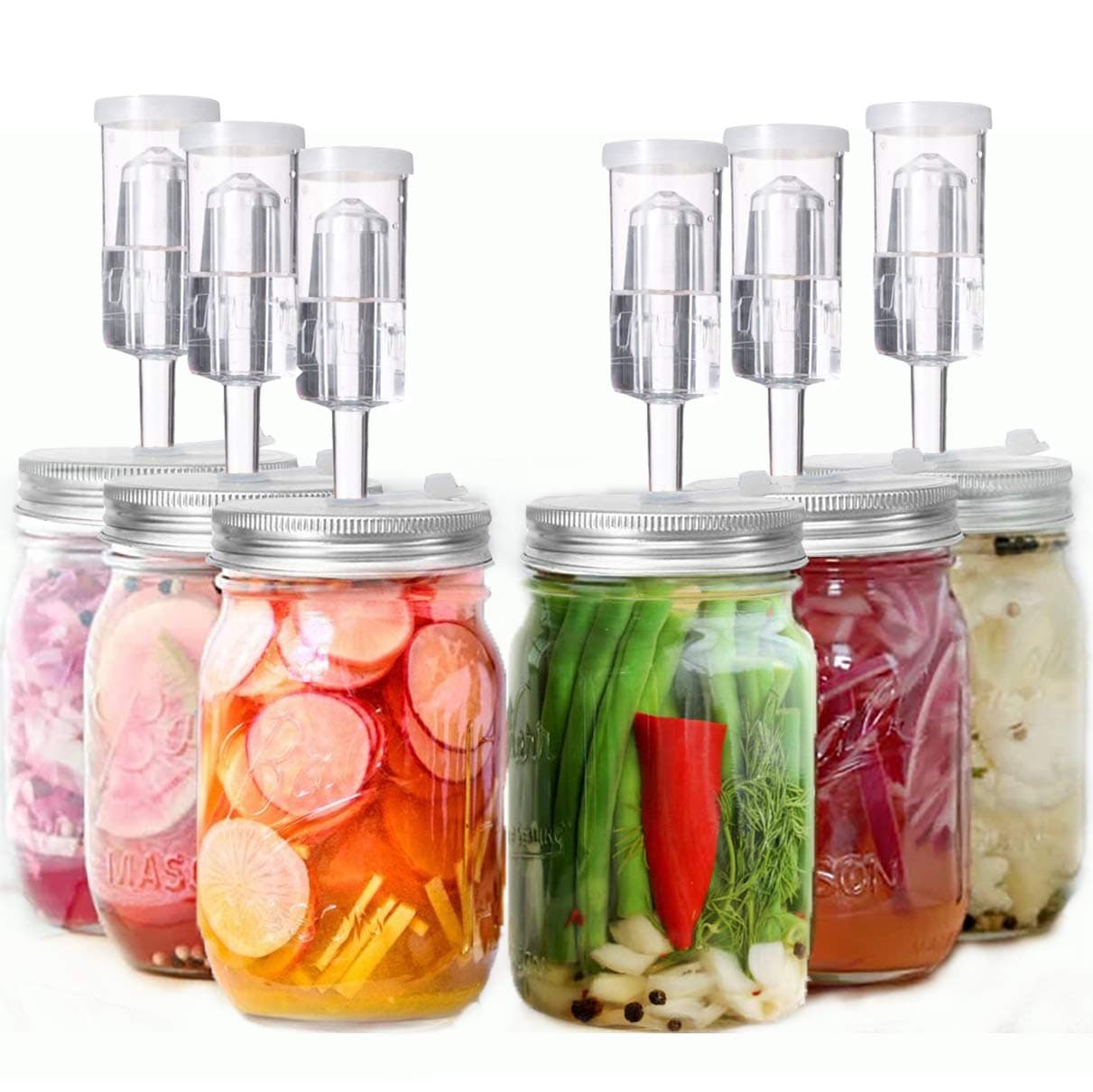 Fermentation Kit, 6 Set Wide Mouth Jars, Stainless Steel Lids, Silicone Grommets, Airlocks, Rings (Jars Not Included)