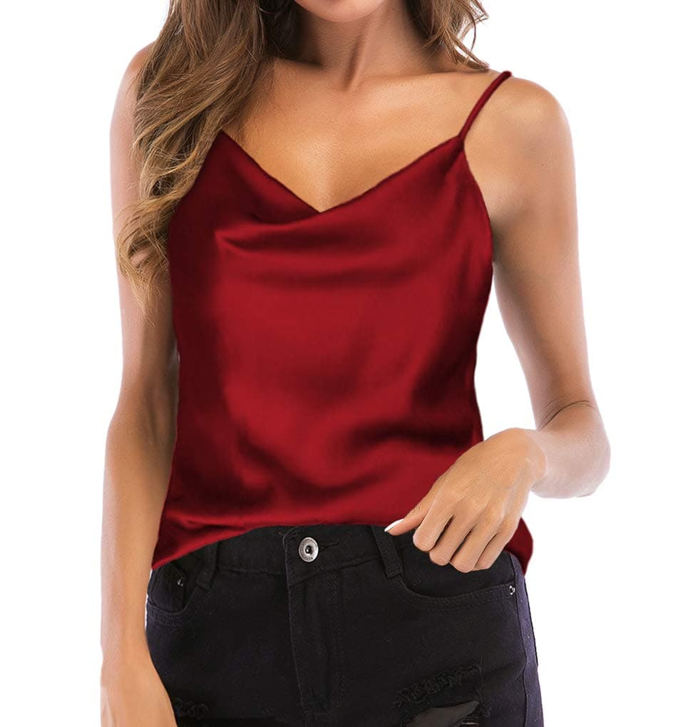Women's Silk Satin Camisole Cowl Neck Tank Top Cami Silky Basic Tank Shirt Blouses