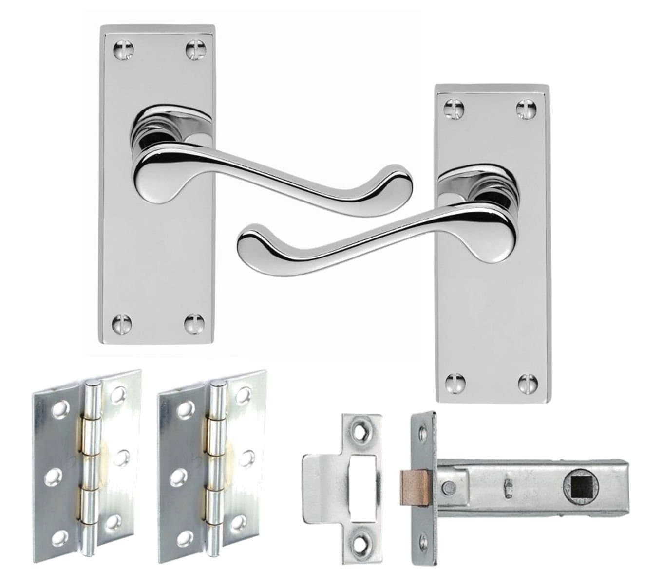 7 Sets Of Victorian Scroll Latch Door Handles Polished Chrome Hinges & Latches Pack Sets