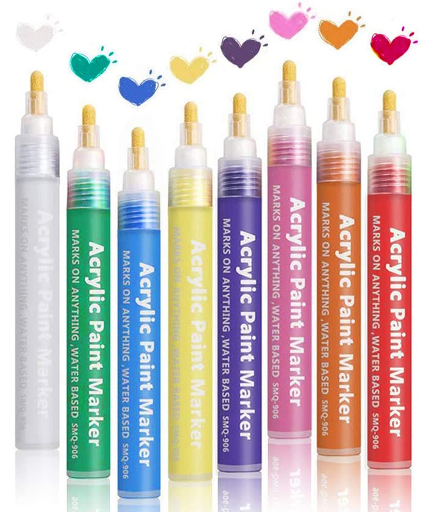 Rubik Acrylic Paint Markers, 8 Colors Water Based Pens for Paper Rocks Craft Ceramic Glass Wood Fabric Canvas DIY Art Crafting Supplies