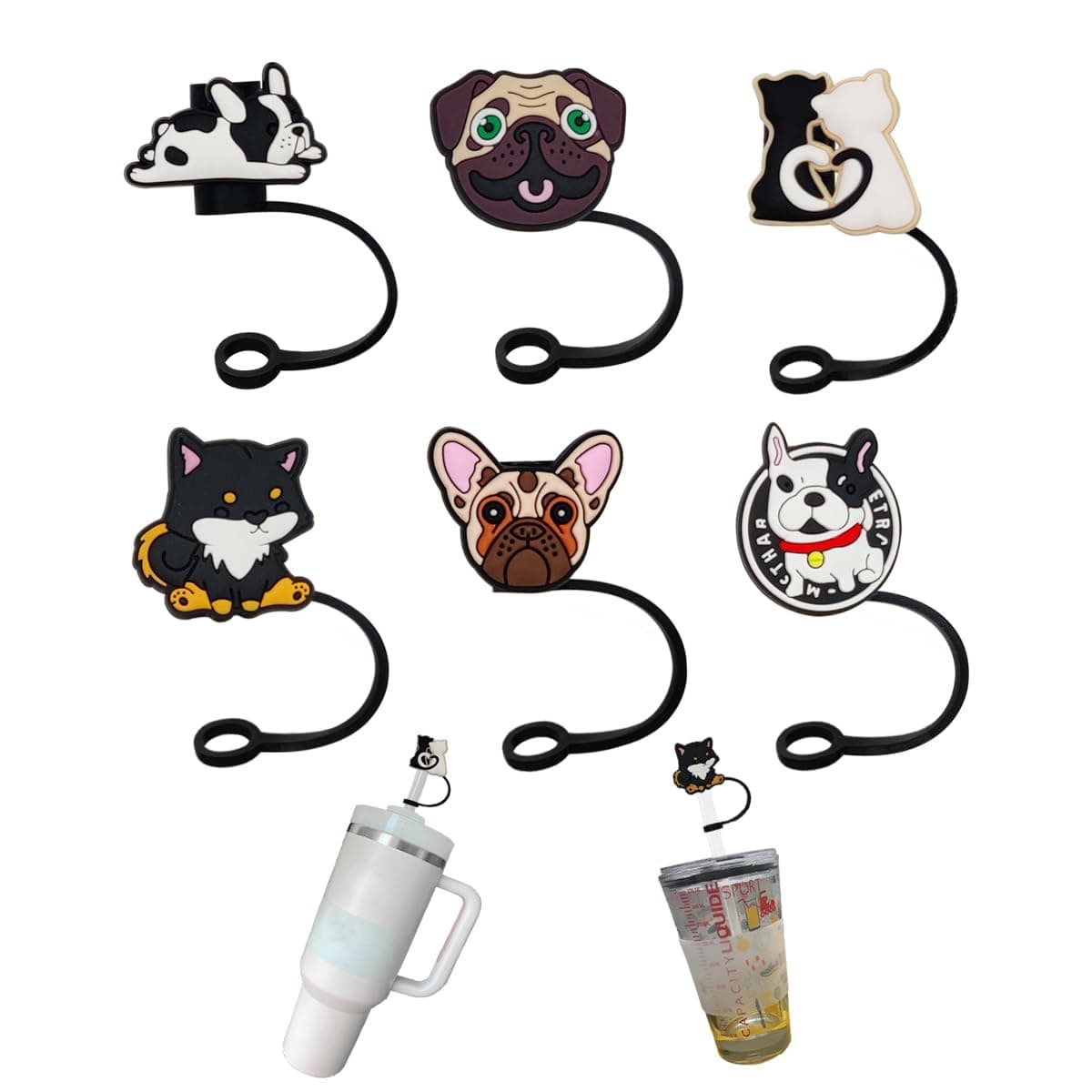6 Pieces Cute Drinking Straw Caps Cover for 6-8 mm Reusable Drinking Stanley Cup Straw Tips Lids Dust-Proof Straw Plugs(Kitten, Puppy)