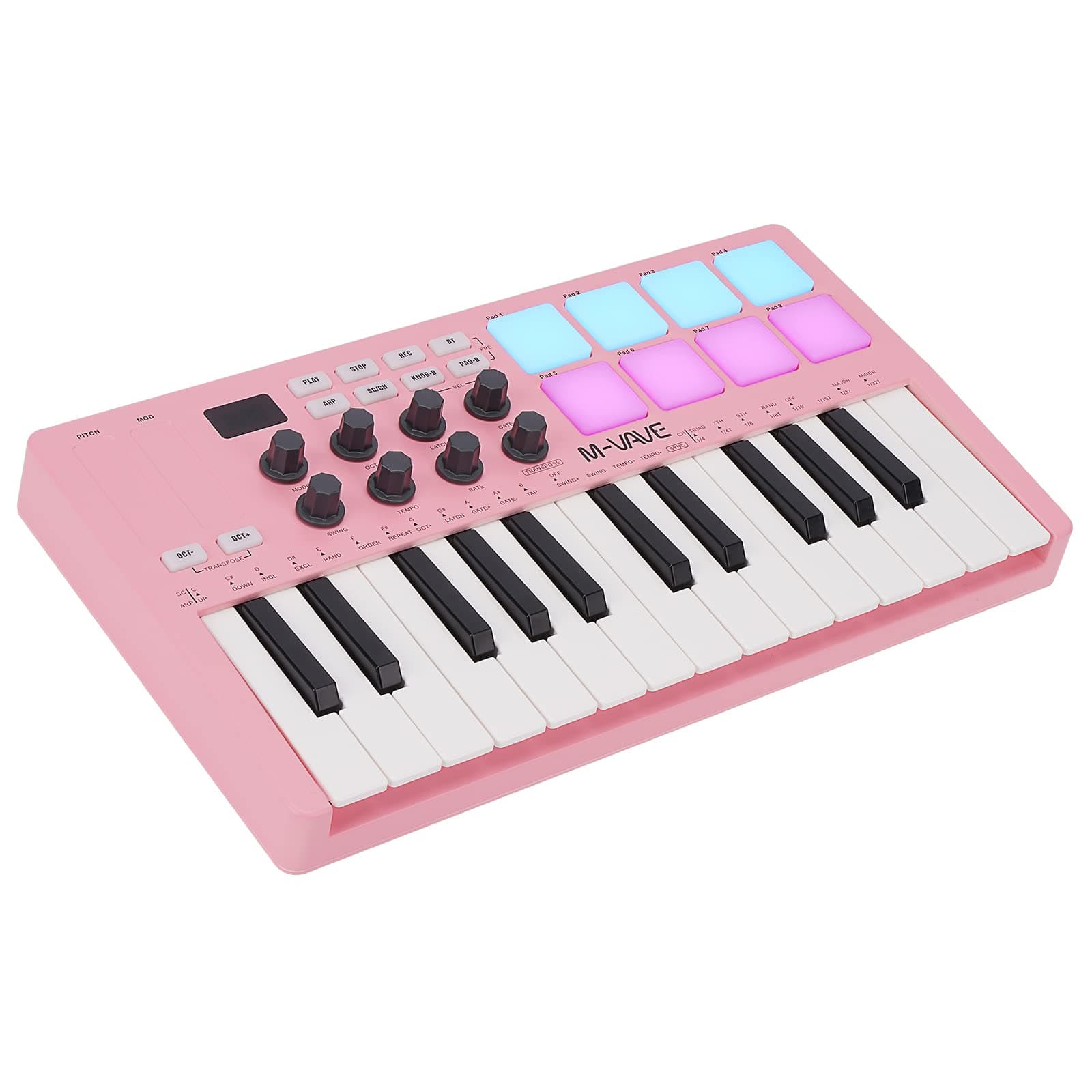 M-WAVE 25 Key USB MIDI Keyboard Controller With 8 Backlit Drum Pads, Bluetooth Semi Weighted Professional dynamic keybed 8 Knobs and Music Production,Software Included (Pink)