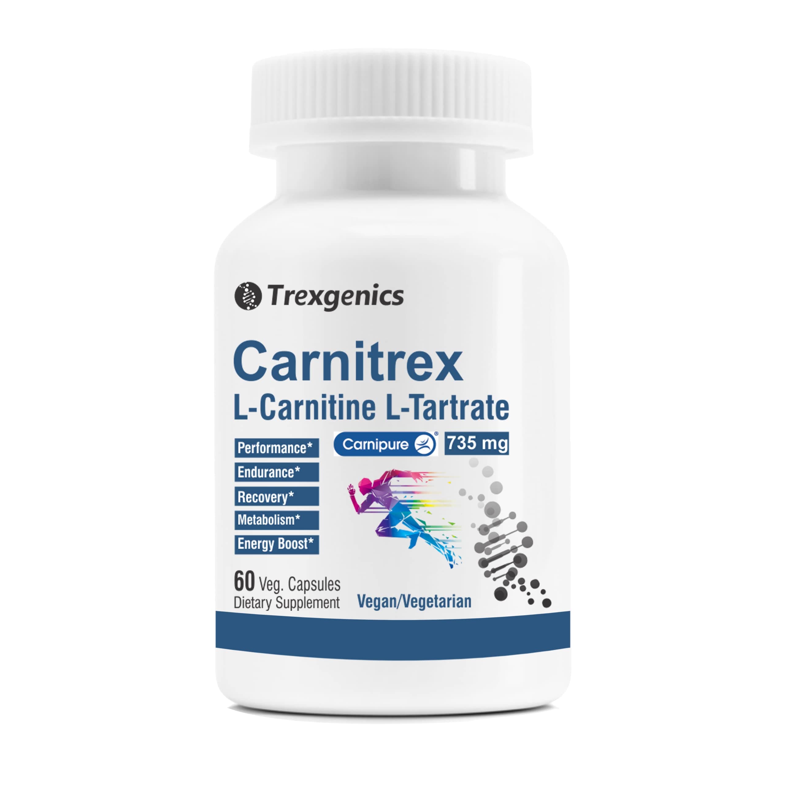 Trexgenics® CARNITREX 735 - CARNIPURE (Lonza, Switzerland) L-Carnitine L-Tartrate 735mg, Fat Metabolism, Energy, Endurance & Performance Boost Advanced formula (60 Veg. Capsules)
