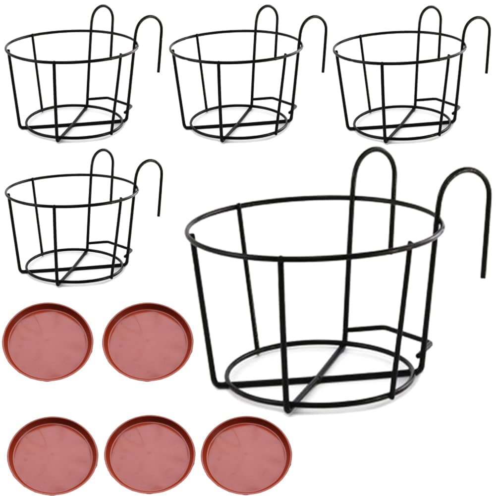 Zc Round Hanging Balcony Flower Stand, Plant Hanger, Wrought Iron Can Be Used For On Guardrail And Window Sill, With Pot Tray-5 Piece Set (Black)