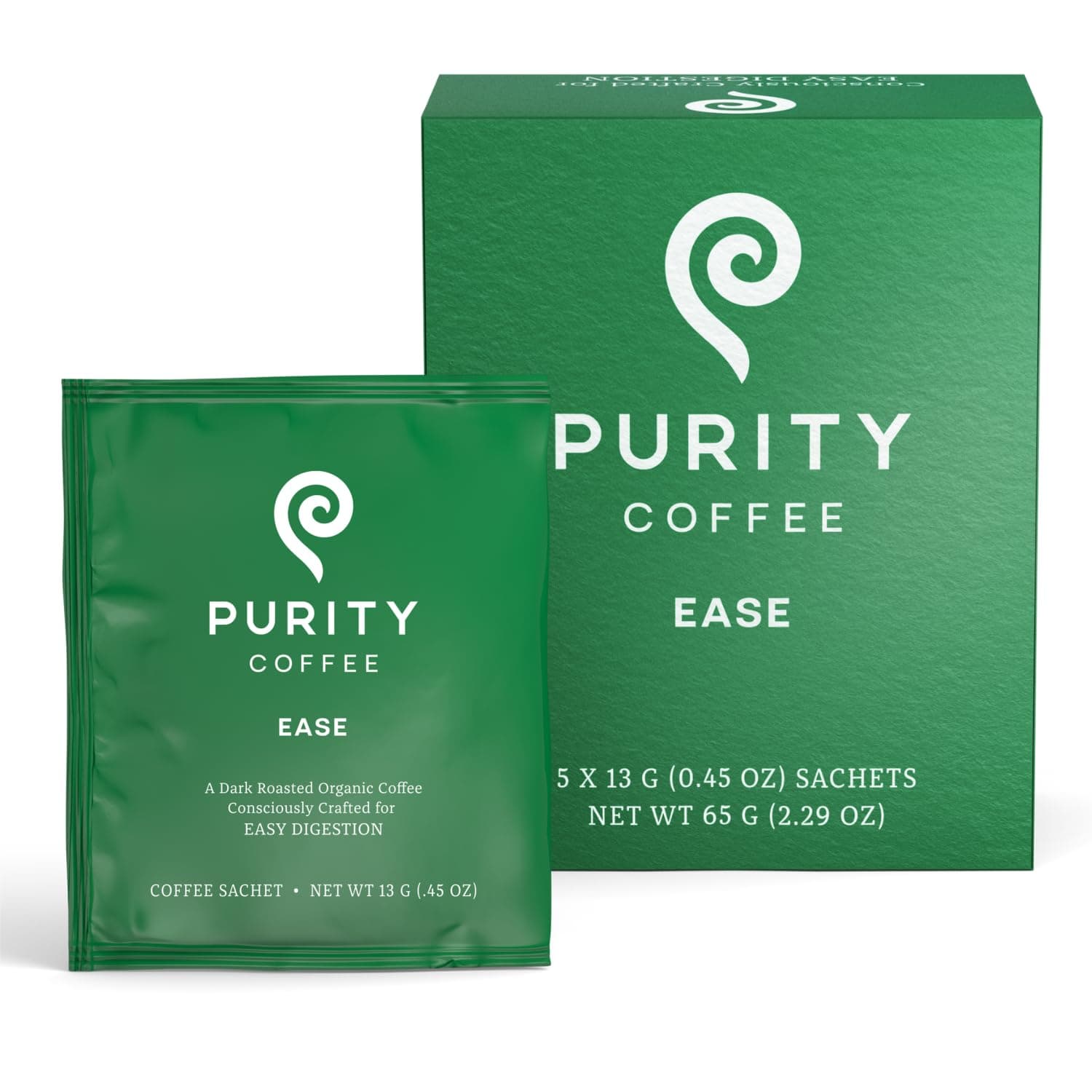 Purity Coffee EASE Dark Roast Low Acid Organic Coffee - USDA Certified Organic Specialty Grade Arabica Single-Serve Packets - Third Party Tested for Mold, Mycotoxins and Pesticides - 5 ct Box