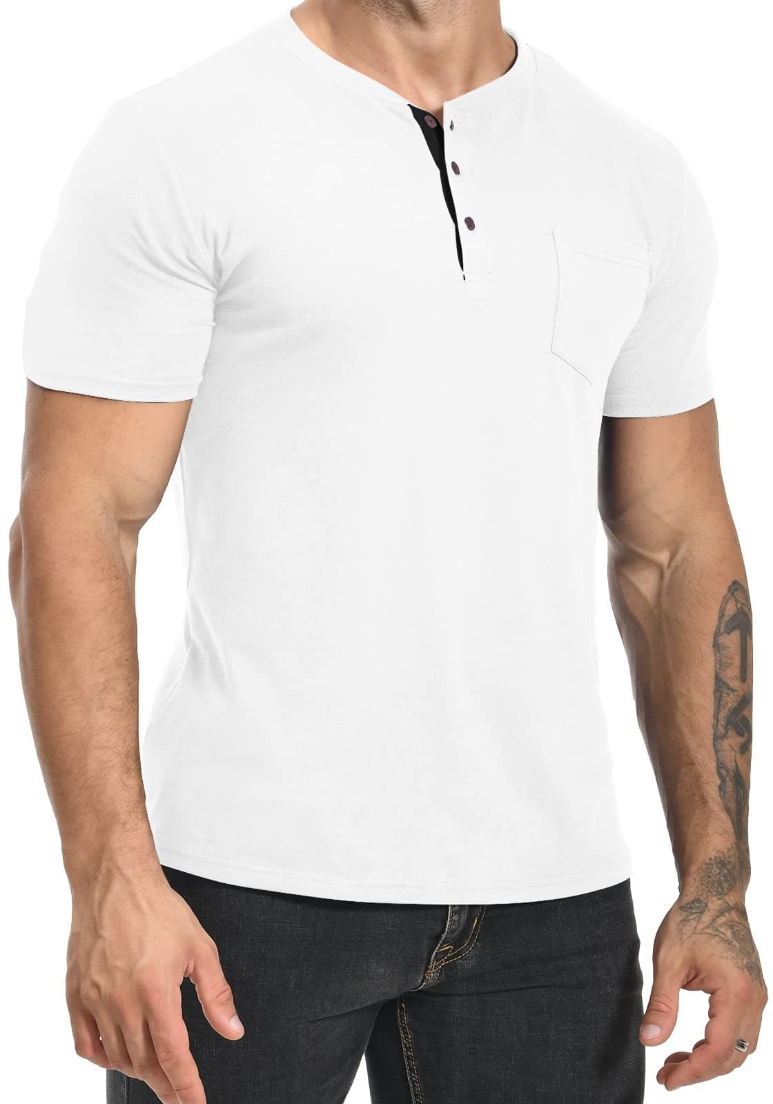 MLANM Mens Fashion Henley Shirts Short Sleeve Button Cotton T-Shirt