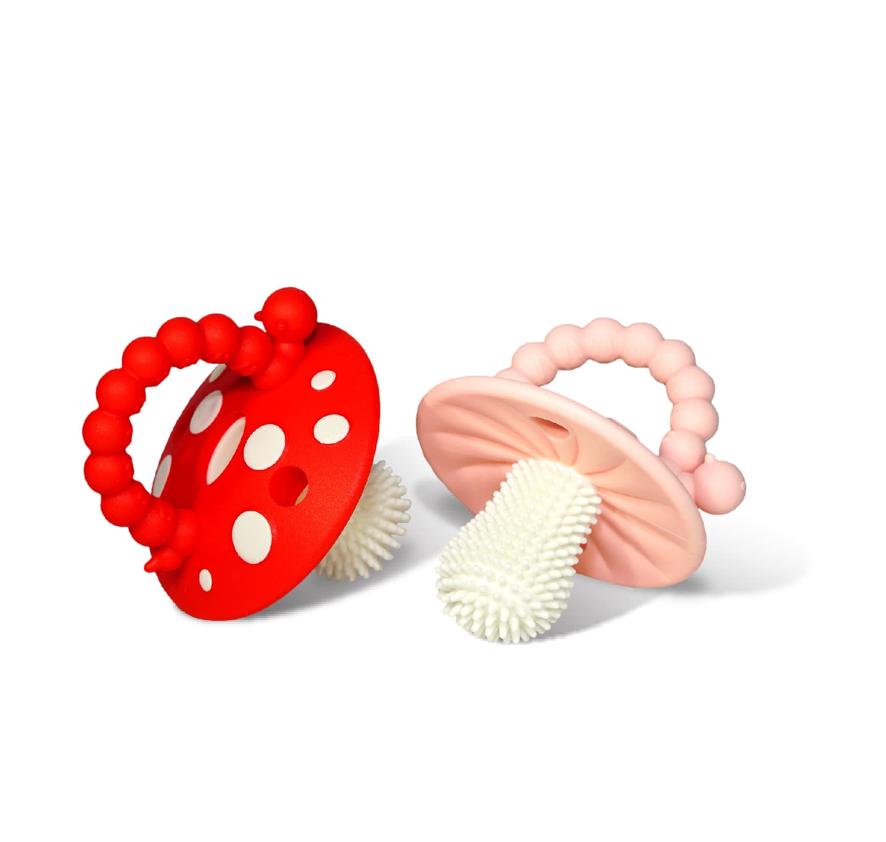 Soft Silicone Infant & Baby 3M+ Teether Toy Massaging Bristles Teething Relief Pacifier - Soothes Sore Gums - Hands-Free & Easy-to-Hold Chompy Teether, BPA Free (RED/Pink)