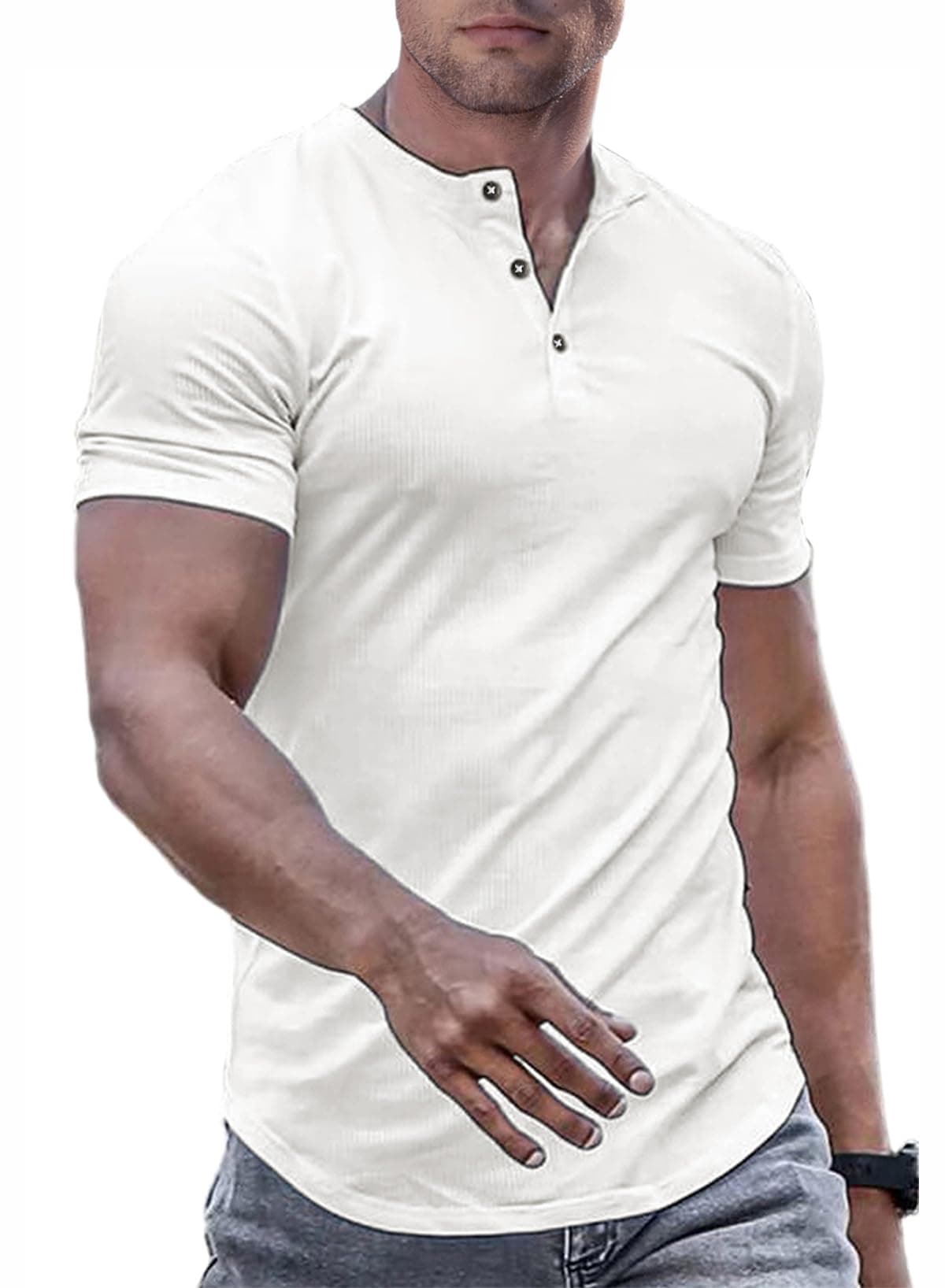 Men's Muscle Slim Henley Shirts Crewneck Longline T-Shirt Gym Workout Athletic Shirt Tees with Button