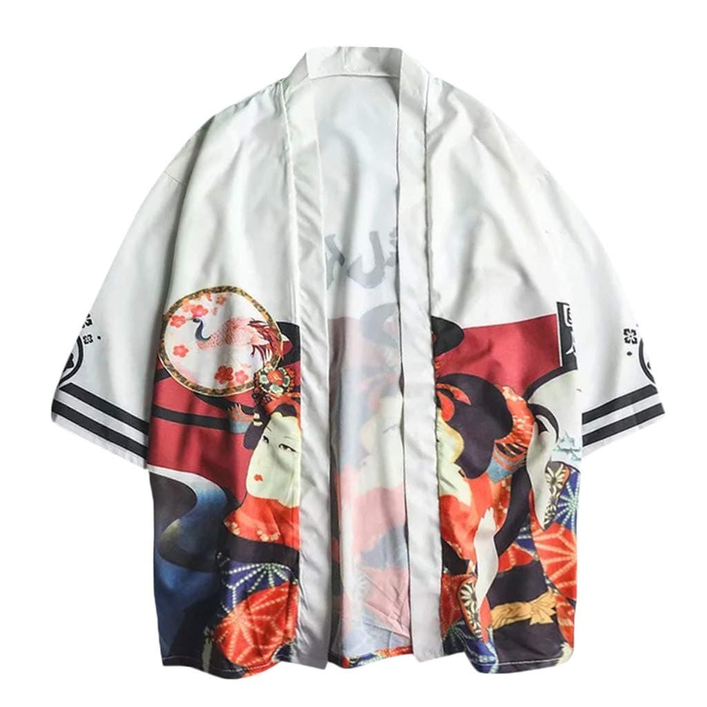 MOTOCO Mens Japanese Kimono Cardigan - Vintage Traditional Autumn Harajuku Ancient Style Floral Loose Jacket Clothing for Women Men Girls(XL,White-4)