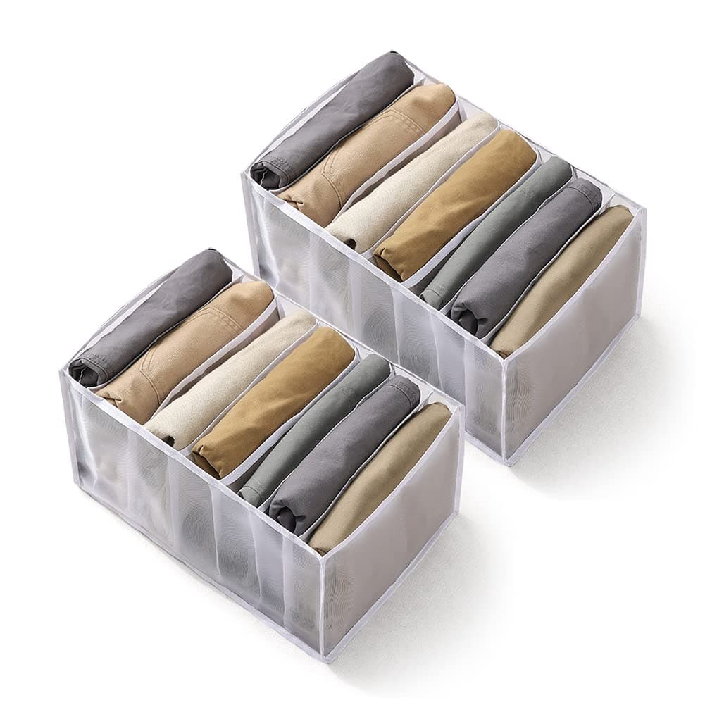 2Pack Wardrobe Clothes Organizer Washable, Jeans Compartment Storage Box Foldable Drawer Closet Organizers Leggings T-Shirt Basket Bin 7 Grids Mesh Separation Bag for Bedroom Dorm Room (white)