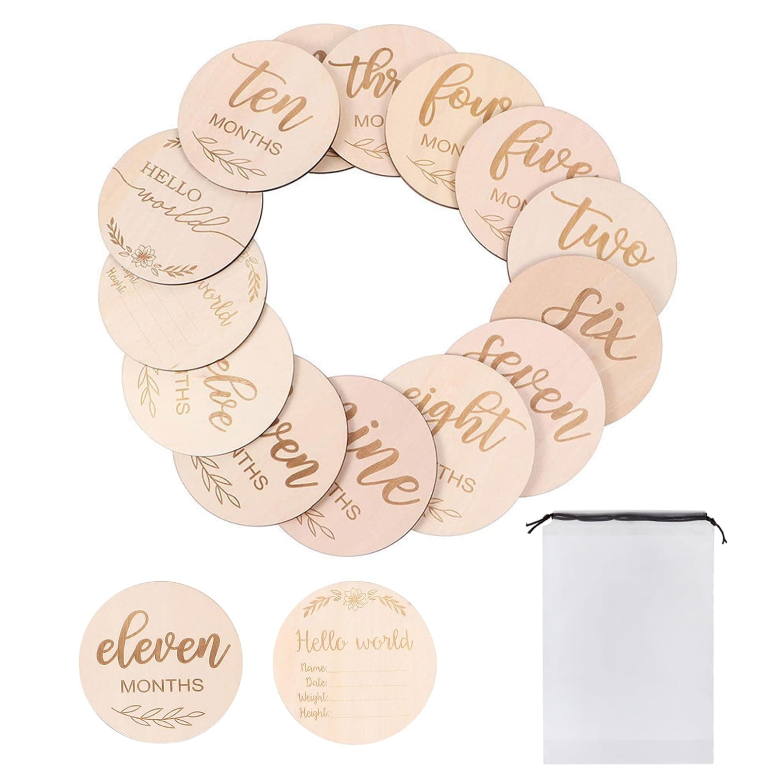 Benaewa 14Pcs Baby Milestone Cards, Wooden Double Sided Baby Birth Announcement Plaque with A Storage Bag