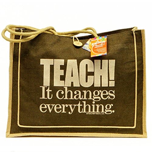 Teacher Peach Eco Friendly Oversized Jute Tote Bag - Motivational Shoulder Bag with Water Resistant Interior - Best for Teacher Appreciation, Retirement, or New School Teacher Gifts for Women - Brown