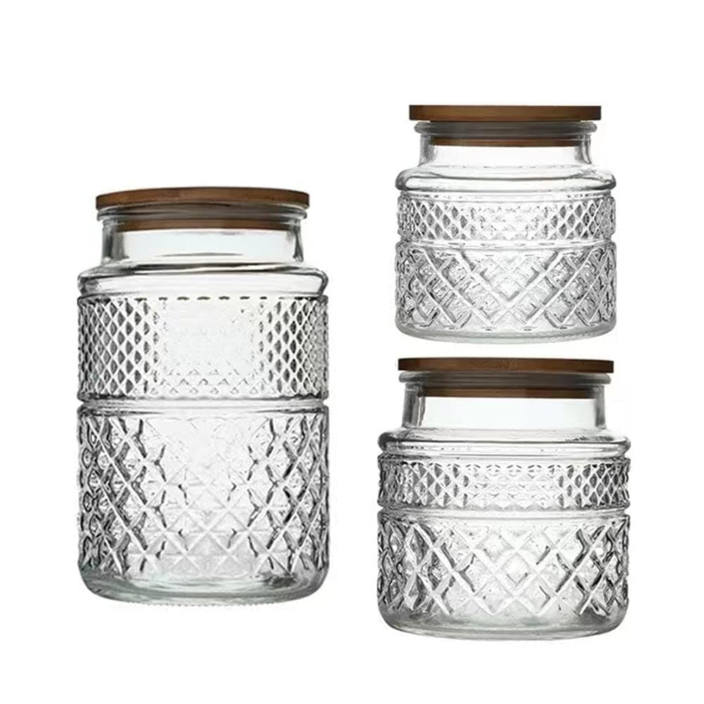 Glass Storage Jars Vintage Embossed Canisters Food Cereal Storage Containers with Bamboo Lid, Decorative Jars for Kitchen Counter,Pantry,Set 3-Piece Glass Jars in 60 oz/40 oz/20 oz (Round)