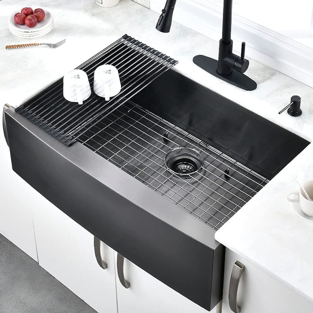 Black Farmhouse Sink 30 Inch-Hovheir 30x22 Black Kitchen Sink 16 Gauge Apron Front Sink Matte Black Stainless Stainless Farmhouse Kitchen Sink Single Bowl Curved Front Farmers Sink