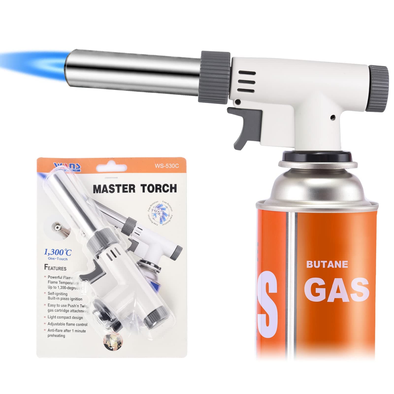 Butane Torch Kitchen Blow Lighter, 360 Degree Reverse Professional Chef Culinary Torch with Safety Lock and Adjustable Flame for Cooking Crème Brulee Soldering Baking (Butane Gas Not Included)