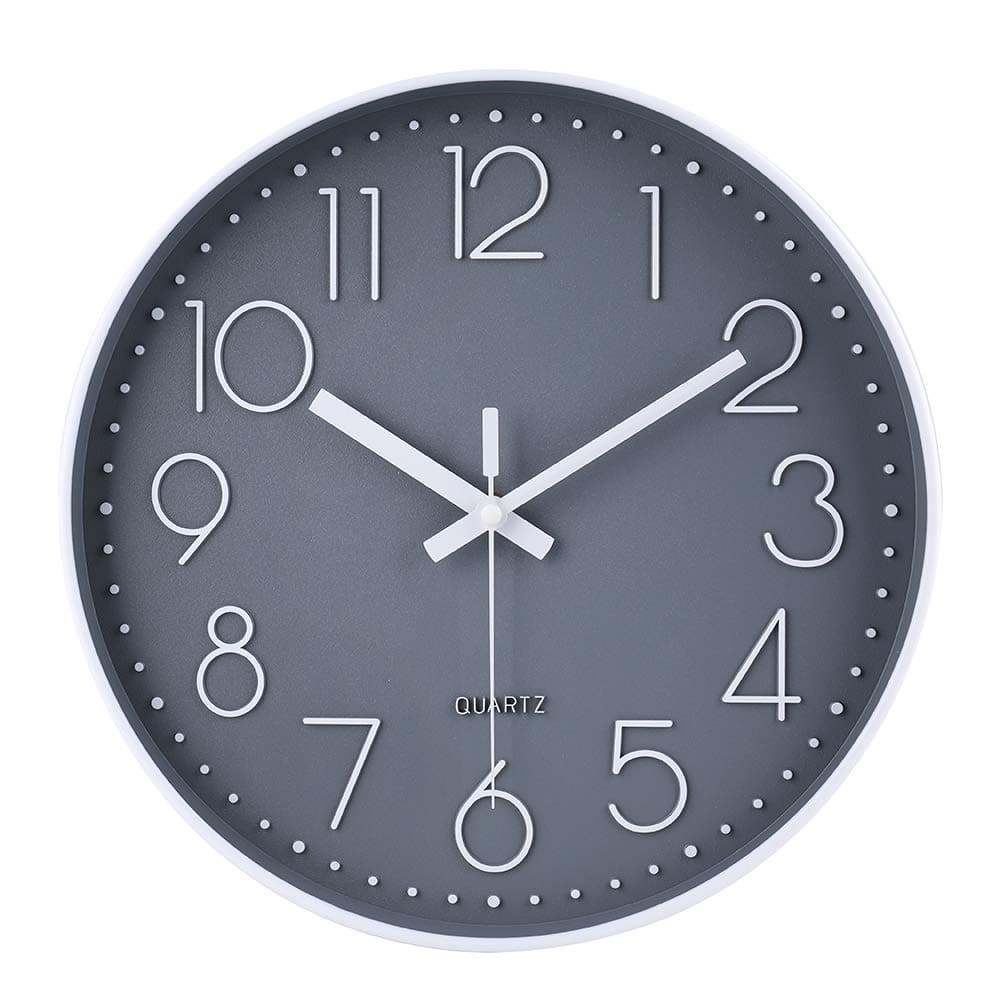 jomparis 12 Inch Gray Wall Clock Silent Non Ticking Battery Operated