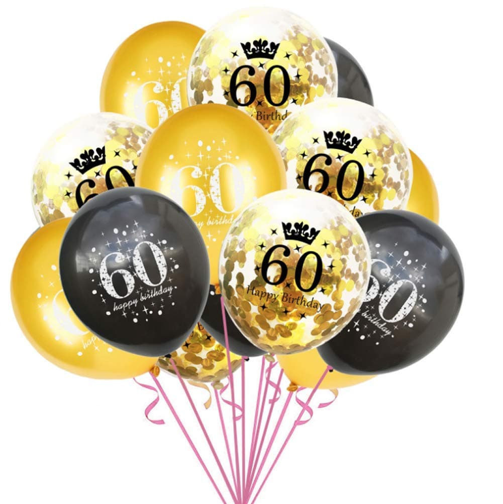 Dusenly 15pcs 60th Birthday Balloon 12inch Black Gold Happy Birthday Latex Confetti Balloons Set 60th Birthday Party Decoration