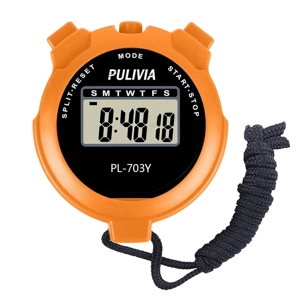 PULIVIASports Stopwatch Timer Lap Split Digital Stopwatch with Clock Calendar Alarm, Large Display Shockproof Stop watch for Sports Coaches Swimming Running, Orange (PL-703Y)