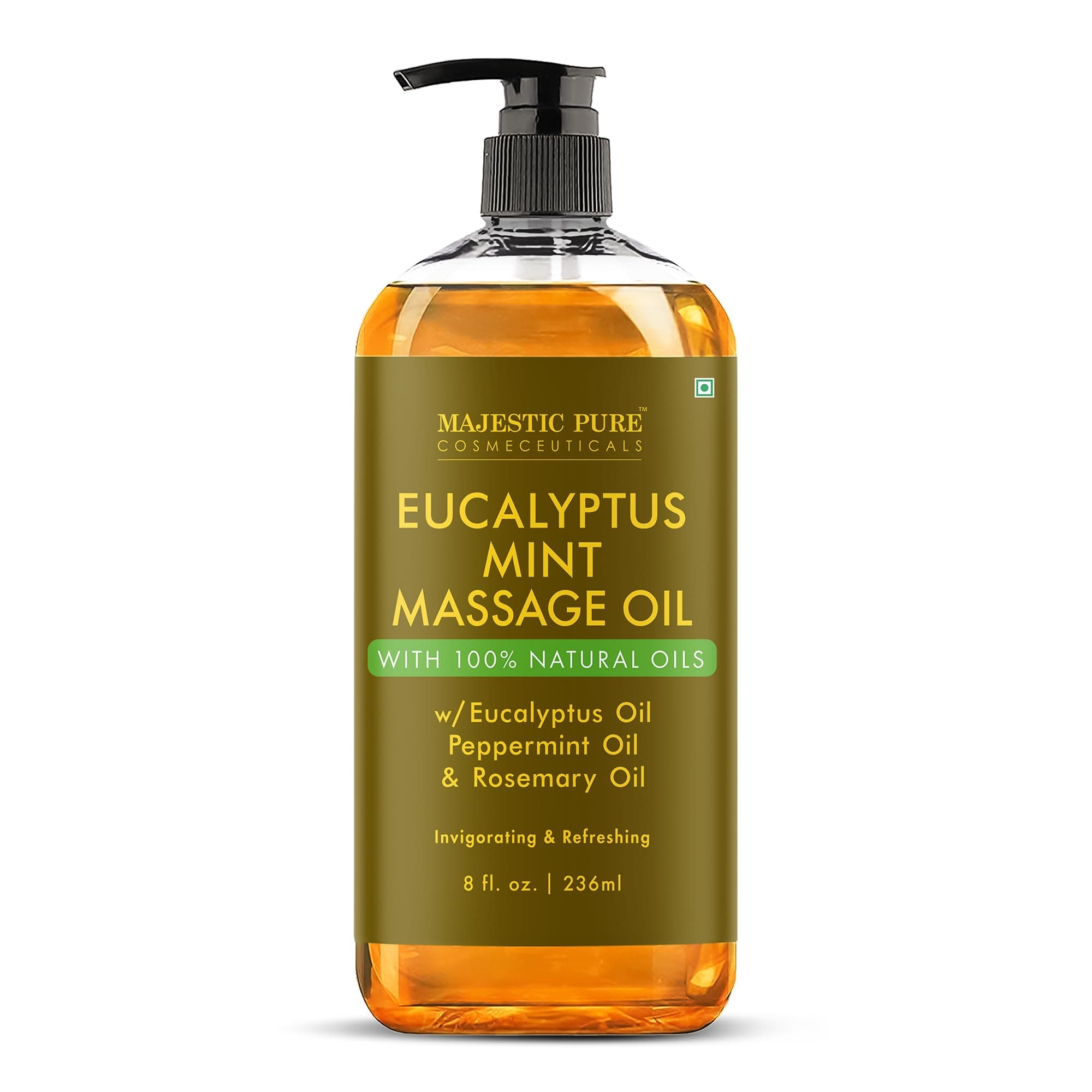 Majestic Pure Eucalyptus Mint Massage Oil 236 ml - Invigorating & Relaxing Body Massage Oil, Made with Natural Oils, for Men & Women