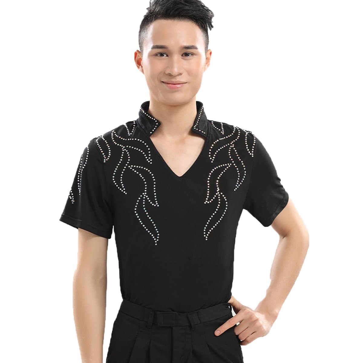 YUMEIRENMen's Spandex Rhinestone Latin Ballroom Dance Tops Shirt
