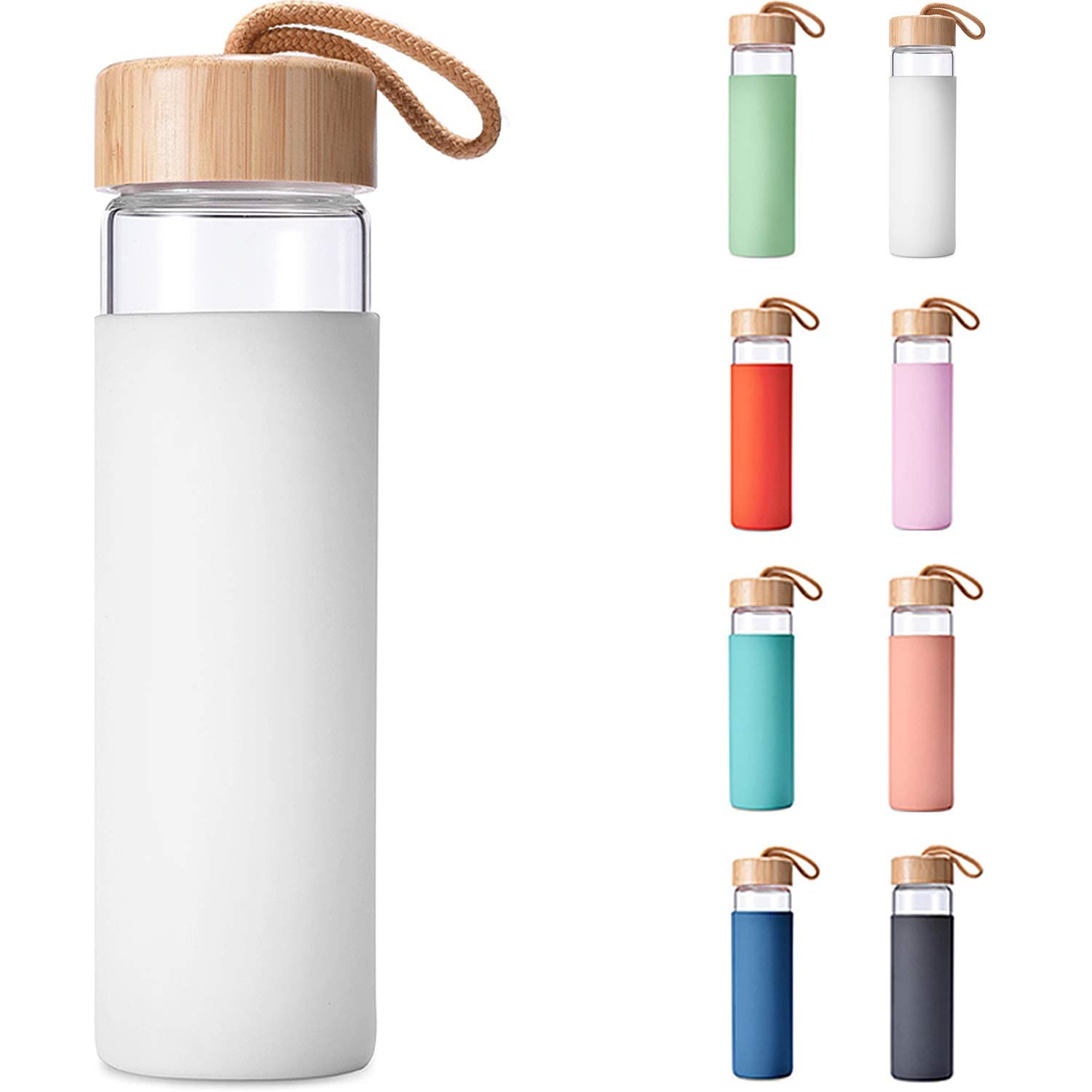 20 Oz Borosilicate Glass Water Bottles with Silicone Sleeve BPA Free, Dishwasher Safe - Reusable Clear Glass Drinking with Leak Proof Bamboo Lid | Perfect Gym Water Bottles for Men & Women