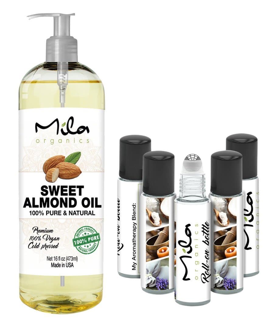 Mila Organics SWEET ALMOND OIL - VITAMIN E OIL FOR SKIN, HAIR, Massage, Aromatherapy, Essential Oil, Sweet Almond Oil Cold Pressed 16 FL oz. by Mila Organics + 5 Roll Ons