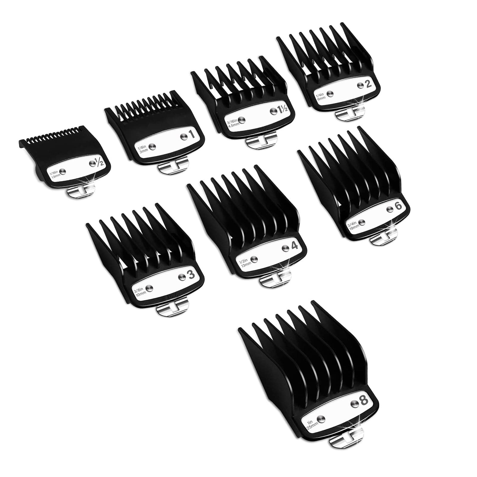Professional Hair Clippers Guards Guide Attachments Combs, Hair Clipper Cutting Guides/Combs with Metal Clip from 1/16 Inch to 1 Inch, Compatible with Most Hair Clippers Trimmer(Pack of 8)