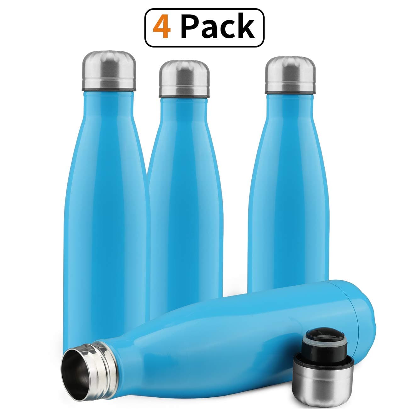 Water Bottle Stainless Steel BPA Free Leak Proof Large Capacity Cola Shape Flask Kids Thermoses for Sports Travel Outdoor (Blue 4pc,17oz)