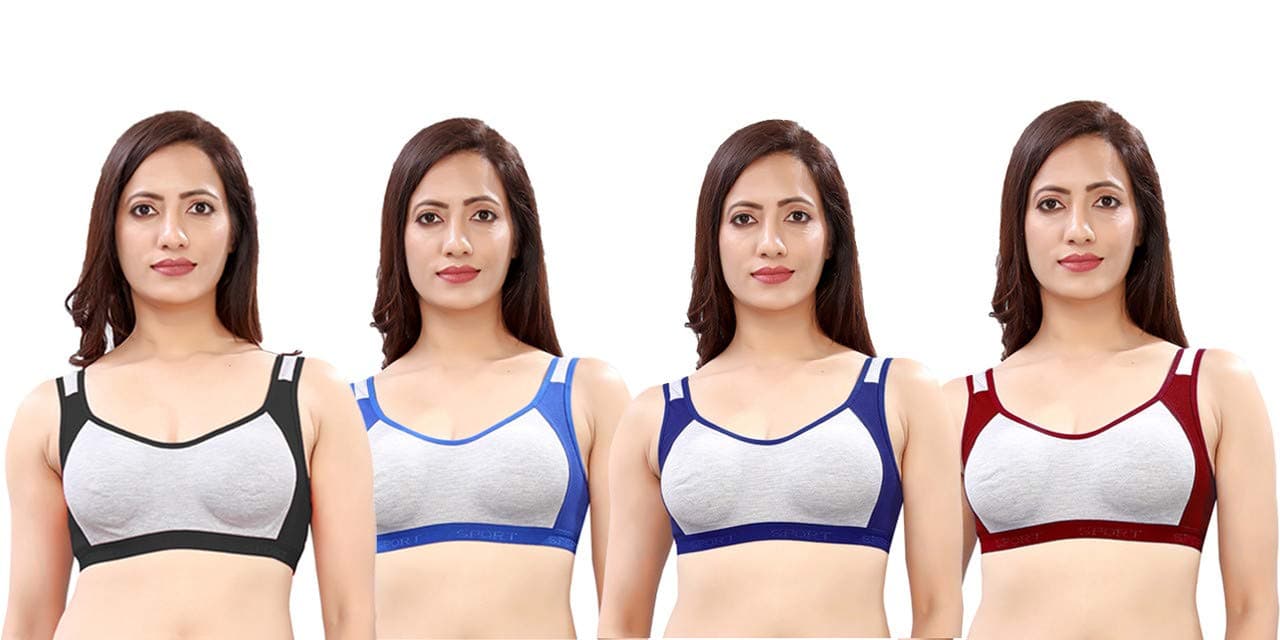 DeVry® Women Cotton Non-Wired Sports Bra Multi-Coloured (Pack of 4 Pcs)