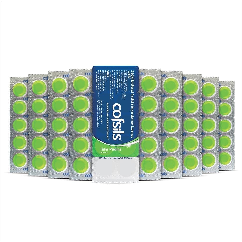 Cofsils Lozenges (100 Count) | Pudina Flavour | Quick Relief from Sore Throat, Itchy Throat and Scratchy Throat (10 x 10 Strips)