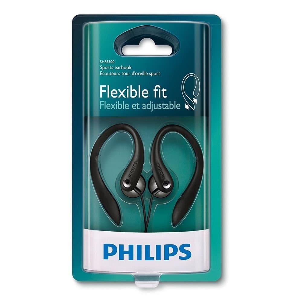 Philips SHS3300BK In-Ear Headphones, Earhook, Sports Headphones (Bass Beat vents, 1.2 m cable) - Black