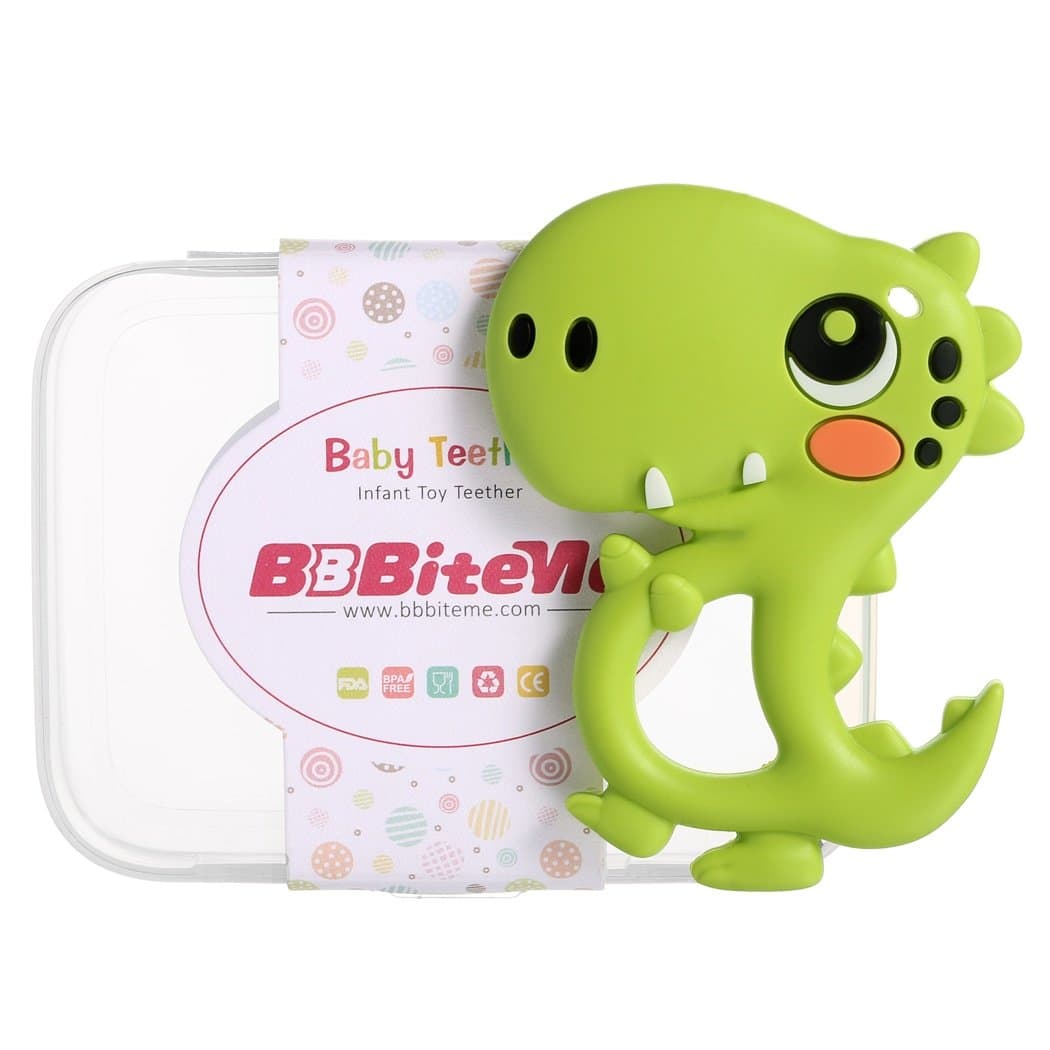 BBBiteMe Dinosaur Baby Teether - Soft Chewable BPA Free Silicone Teething Toy with Storage Case for Toddlers & Infants (Green)