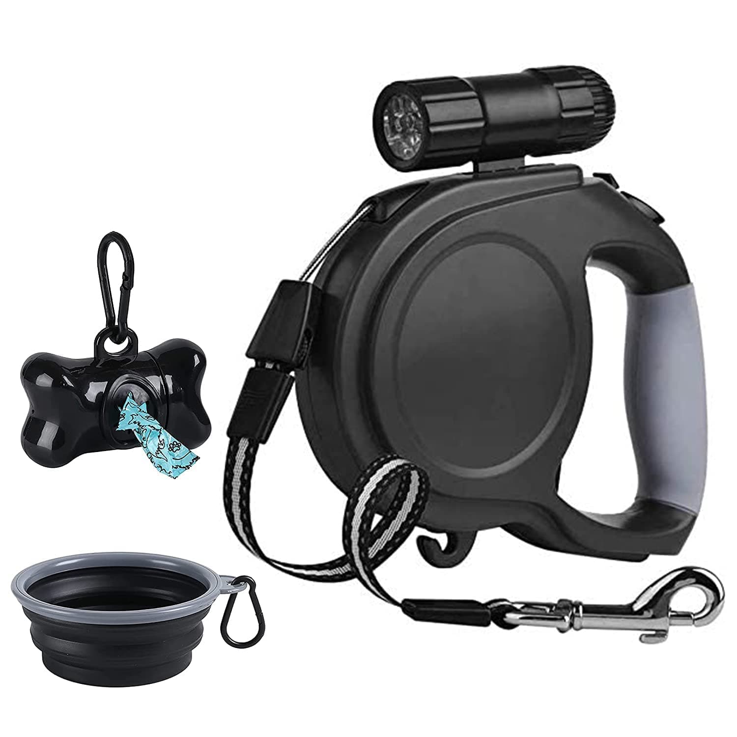 Retractable Dog Lead, 8M(26 Feet) Easy One Button Brake & Lock Extendable Dog Leash with LED Flashlight for Small to Large Dogs up to 110lbs(50KG) (blackandslver)