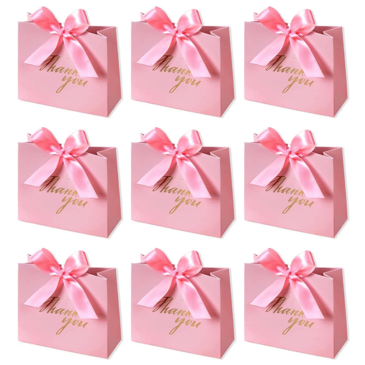 24Pack Small Thank You Party Favor Bags Treat Boxes with Rose Red Bow Ribbon, Pink Pattern Paper Gift Bags Bulk for Wedding Baby Shower Business Party Supplies