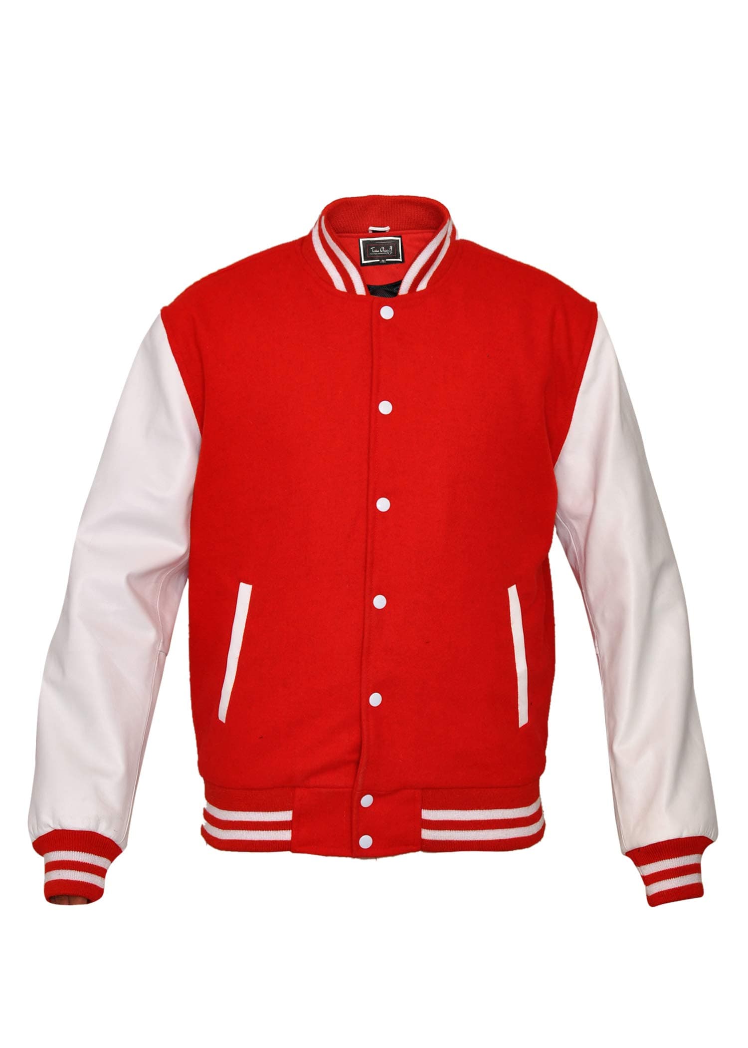 TRèS CHiC Varsity College Letterman Jacket, Real Leather White Sleeves / Red Wool Body, Size M