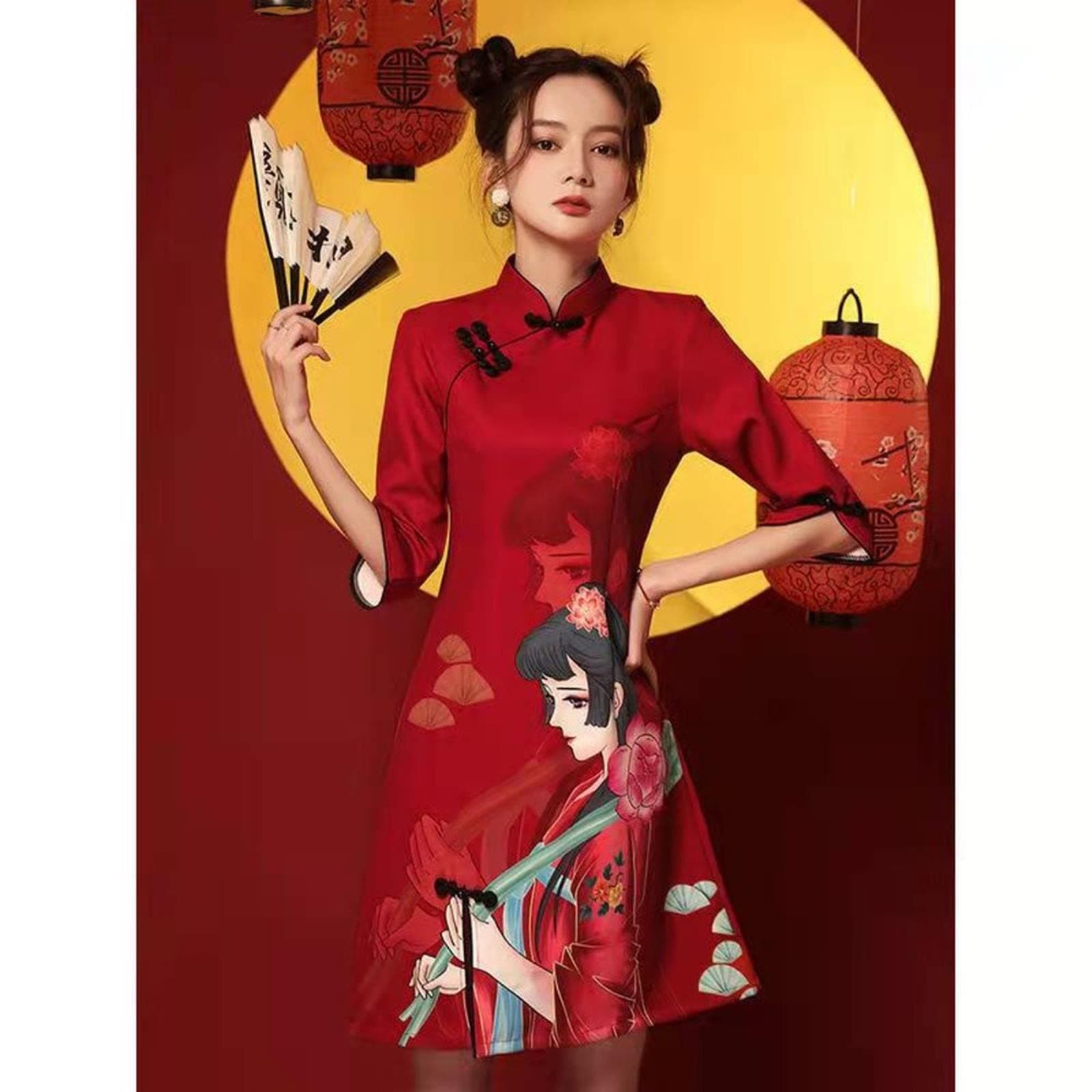 MOOCO MORNINGMOOCO MORNING Red Loose 2022 Modern Chinese New Year Dress for Cheongsam A-line Dress Women 3/4 Sleeve Qipao Traditional Chinese Clothes