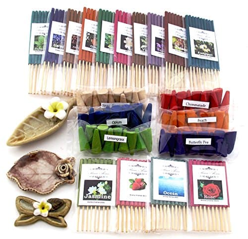 Fulllight aroma, 10 packs of 10 aroma fragrance incense tube 4.5”, 4 packs of 10 small size incense tube 3”, 6 packs of 10 fragrance Incense cones & 3 handmade ceramic Incense burners, brown (FL56)