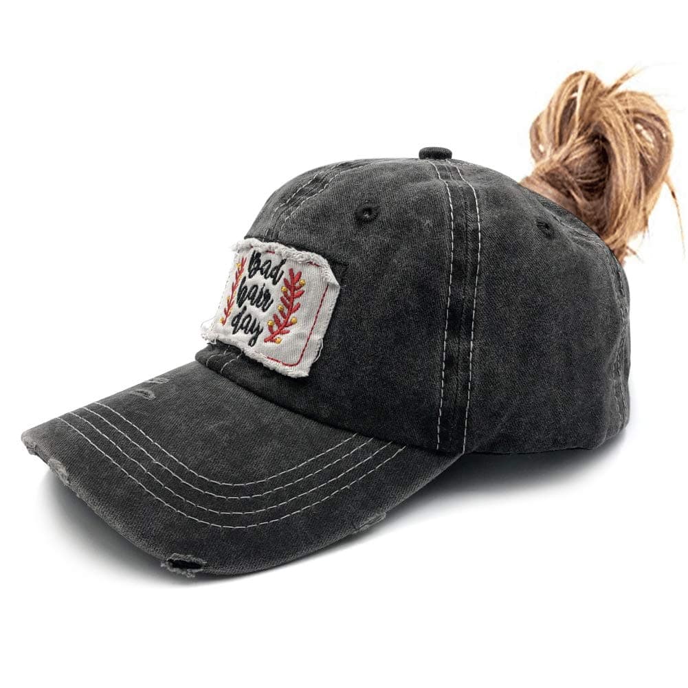 Womens Distressed Messy High Bun Ponytail Bad Hair Day Baseball Cap Vintage Unconstructed Embroidered Patch Dad Hat