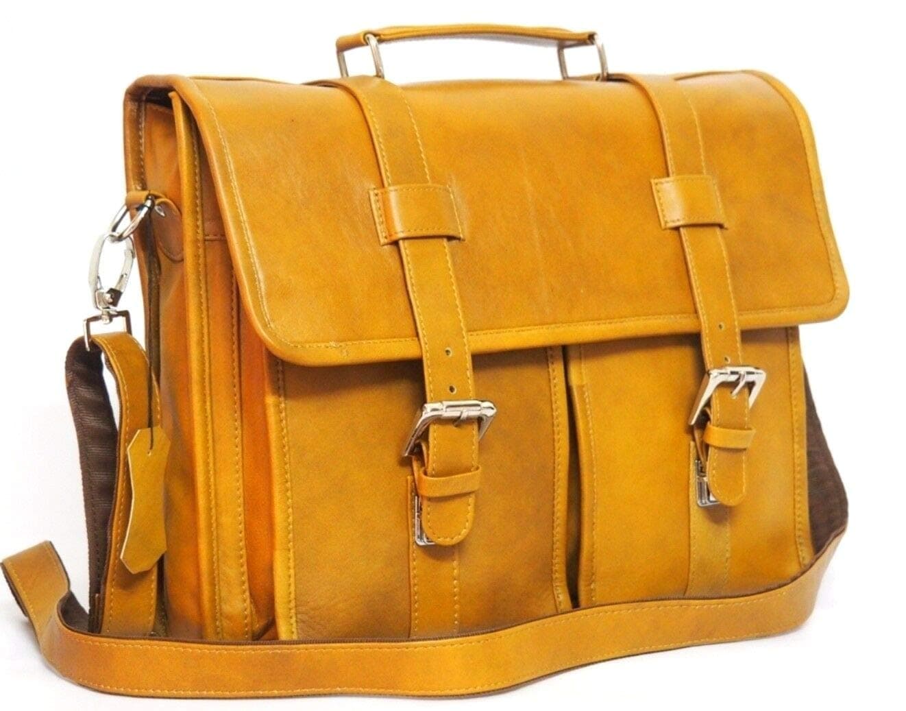 ITALIAN GENUINE LEATHER LAPTOP HAND BAG CROSS BODY 2 POCKETS (Camel)